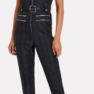 Navy Blue Plaid Belted Moto Overalls
